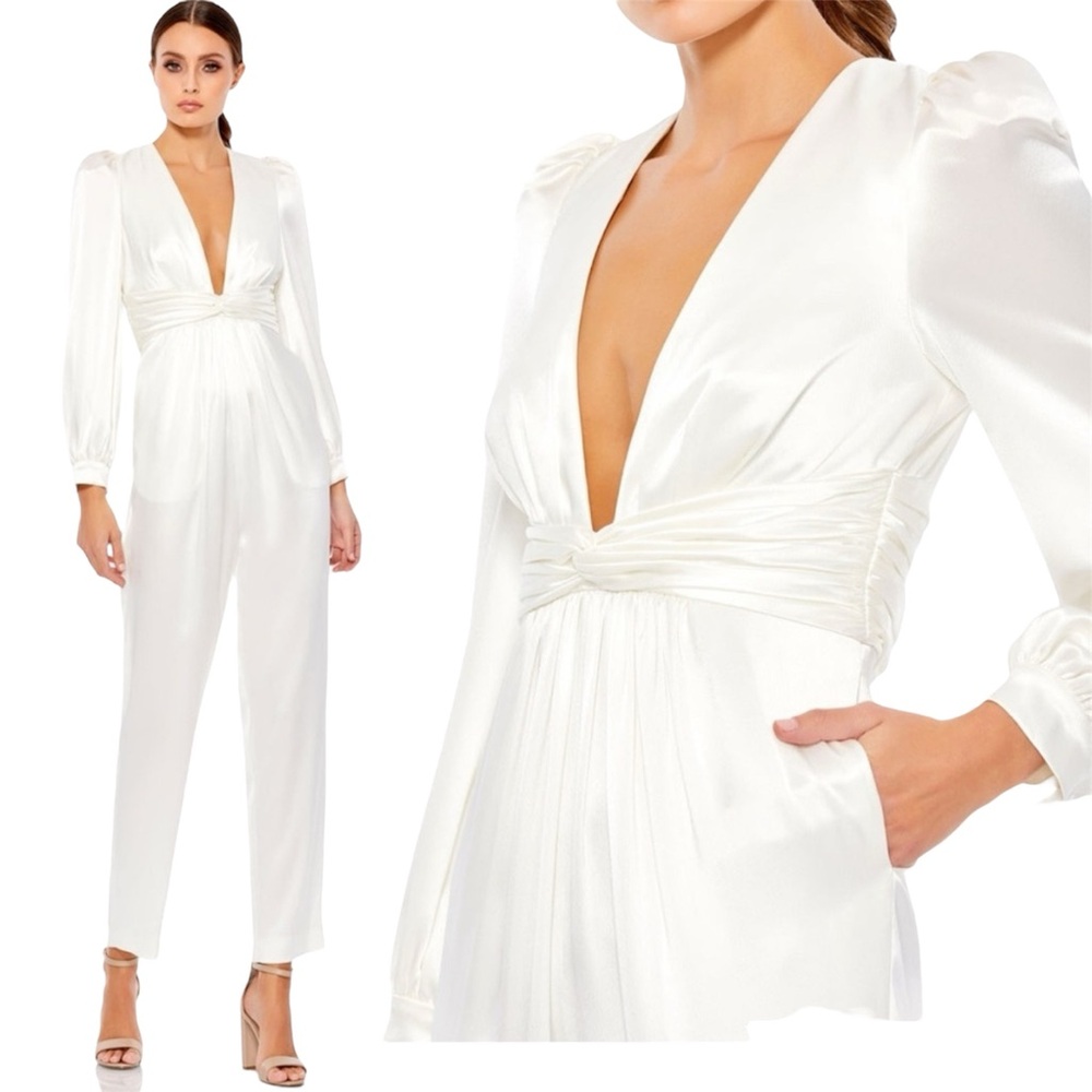 Ieena for Mac Duggal Front Twist Puff Sleeve Deep V Jumpsuit Size 0